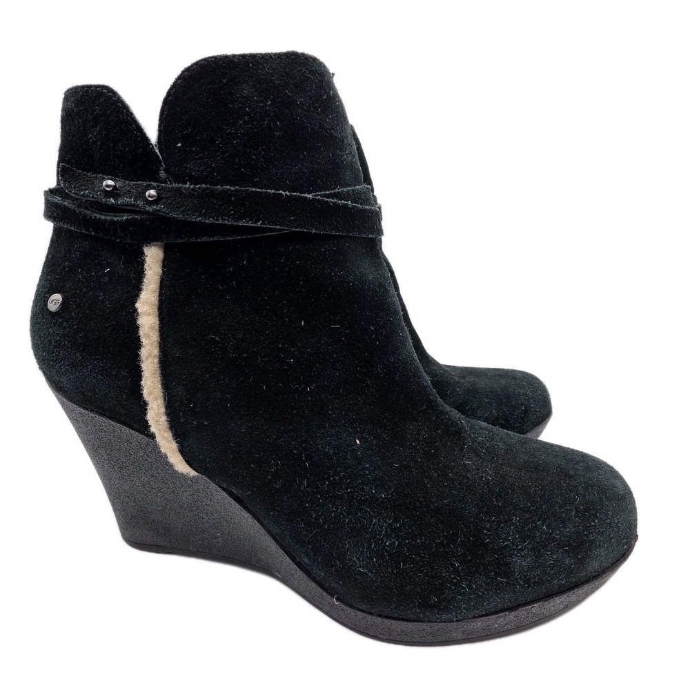 UGG Alexandra Wedge Boots Womens 9 Black Suede Moto Y2K Grunge Zip Ankle Booties